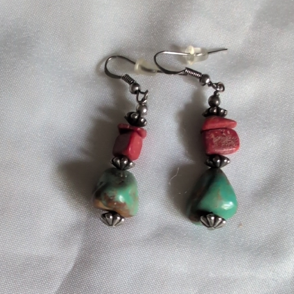 Turquoise and Red Stone Earrings